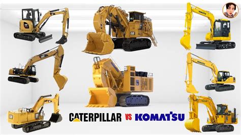 Infographic comparing key features of Komatsu, JCB, and Caterpillar excavators