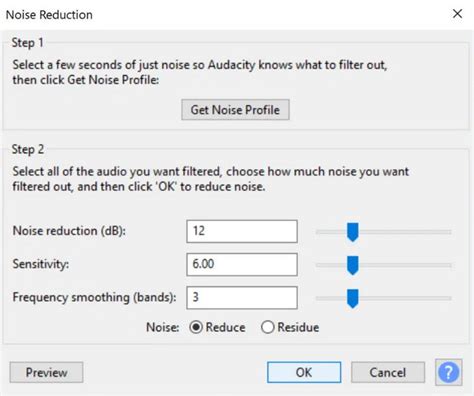 Interfejs okna Redukcji szumu w Audacity