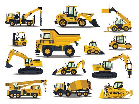Infographics showing various construction machines like excavators, backhoe loaders, compactors, and tipper trucks
