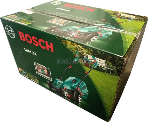 infografika prezentująca budowę kosiarki Bosch ARM 34 z wyróżnionym grzebieniem tnącym i silnikiem Powerdrive