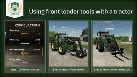 Screenshot of Farming Simulator dealership menu showing front loader attachments and 