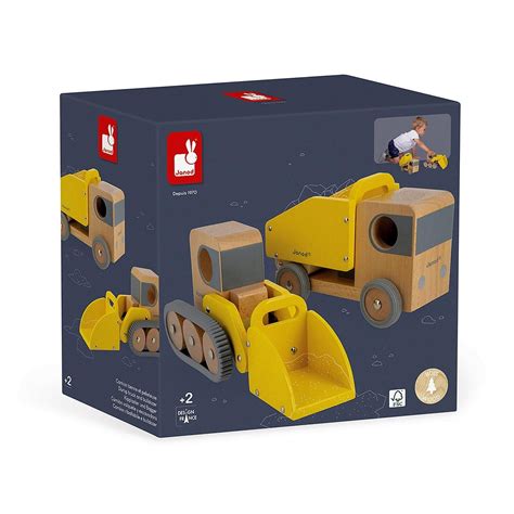 The Janod Bolid wooden dump truck in natural wood, gray, and yellow colors, with rounded shapes and rubber-finished wheels.