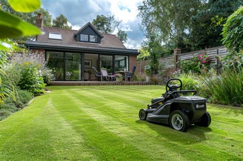 Thematic photo of a well-maintained garden with a lawn mower in the foreground