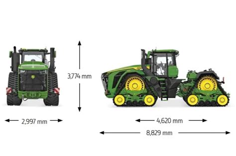 Infografika porównująca wymiary i wydajność ciągnika John Deere 9RX 830 podczas pracy w polu