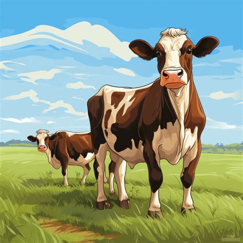Ilustracja przedstawiająca jasną, świeżo wybieloną oborę z krowami.