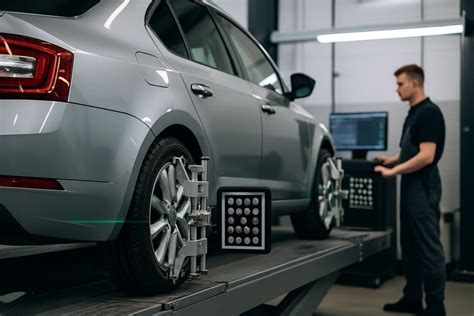Zdjęcie przedstawiające mechanika używającego profesjonalnego urządzenia laserowego do kontroli zbieżności przedniej osi pojazdu użytkowego.