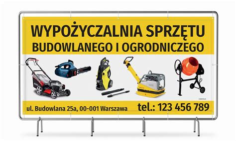 infografika z różnymi rodzajami sprzętu budowlanego i ogrodniczego dostępnego do wynajęcia