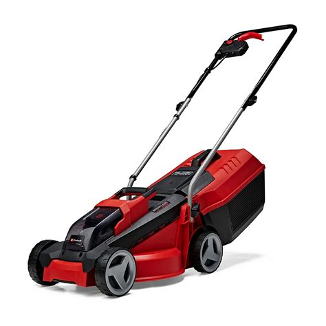 The NAC MEX32-E12-N electric lawnmower with its ergonomic handle and 25L grass box, depicted on a green lawn.