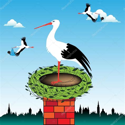 Ilustracja bociana w gnieździe, symbolizującego powrót wiosny