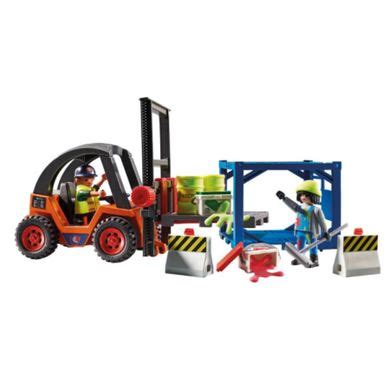 Playmobil wózek widłowy w akcji z figurkami i ładunkiem