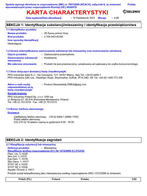 schemat sekcji karty charakterystyki substancji