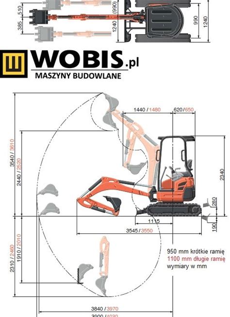 Schemat techniczny minikoparki z zaznaczonym systemem Vertical Digging System