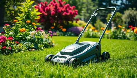 Zdjęcie przedstawiające akumulatorową kosiarkę Gardenlyne w przydomowym ogrodzie