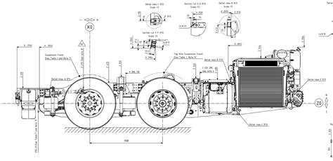 Technical drawing of a Scania 8x4 chassis with special equipment behind the cabin