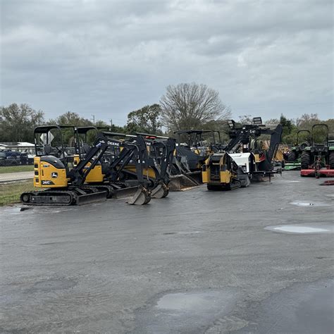 Photo of various construction equipment available for rent, including larger excavators, rollers, and lifts