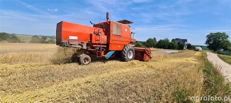 Zdjęcie kombajnu Bizon Z-056 w akcji na polu zboża