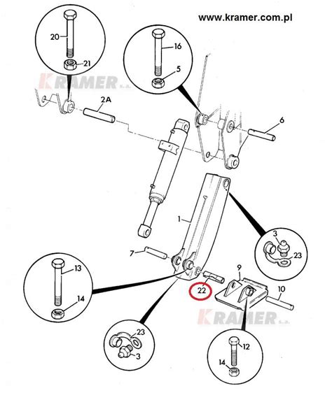 Schemat hydrauliki przedniej łyżki JCB 3CX z zaznaczonymi siłownikami i czujnikami