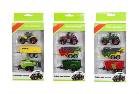 Zestaw zabawkowy traktor z dwoma różnymi przyczepami w różnych kolorach
