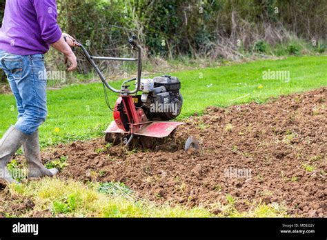 Thematic photo of a rototiller working in a garden
