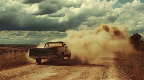 Thematic photo of a pickup truck driving on an unpaved road in a rural or agricultural setting