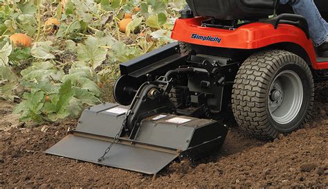 Infographic showing different attachments for a garden tractor (e.g., snowplow, aerator, trailer)