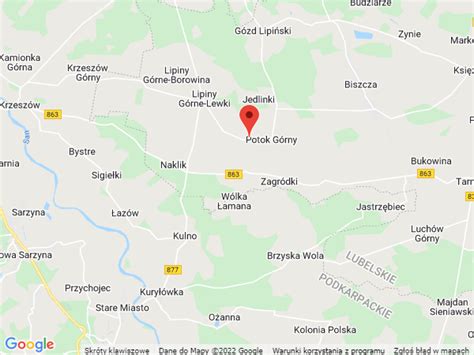 mapa gminy Potok Górny z zaznaczoną drogą wojewódzką