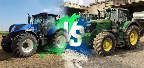 Photo showing John Deere 6175M and New Holland T7.230 tractors side by side, highlighting their design differences