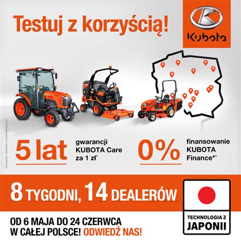 Infografika przedstawiająca różne zastosowania maszyn Kubota w rolnictwie, ogrodnictwie i pracach komunalnych