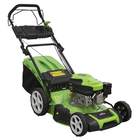 Thematic photo of a petrol lawnmower working on a lawn