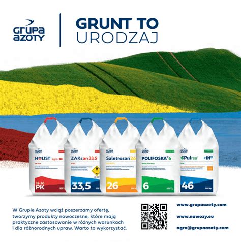 Infografika przedstawiająca strukturę oferty Grupy Azoty oraz udział nawozów azotowych w polskim rolnictwie.