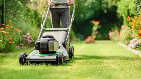 Thematic photo of a person mowing a lawn with an electric lawnmower