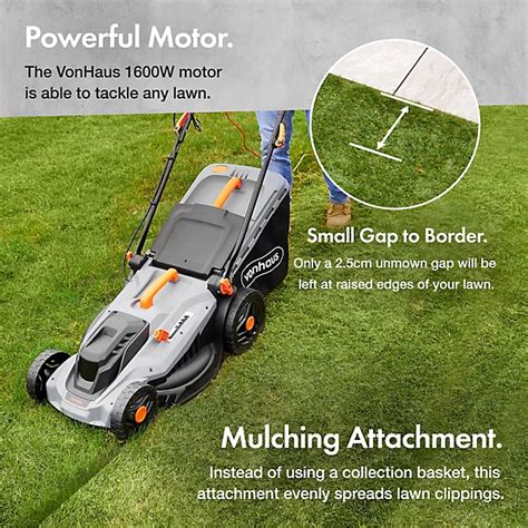 Infographic showing the technical specifications of an electric lawnmower (power, cutting width, basket capacity)