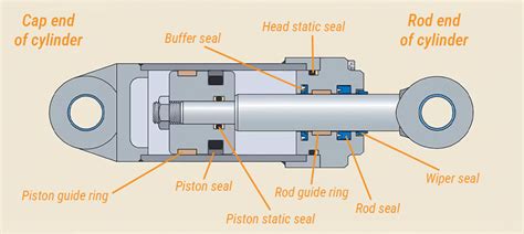 Infographic or detailed diagram of a hydraulic cylinder showing all internal components and their labels