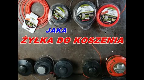 Zdjęcie przedstawiające różne rodzaje żyłek tnących (okrągła, kwadratowa, gwiazdkowa) oraz tarcze do kos spalinowych.