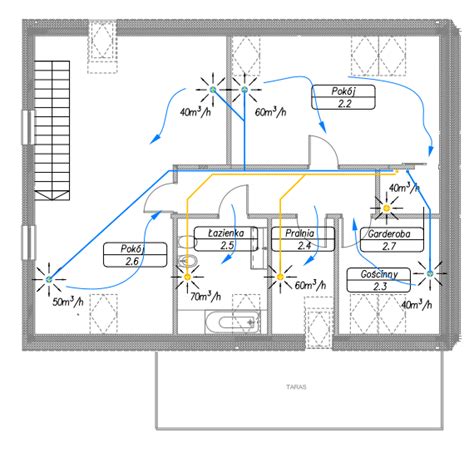 Schemat systemu wentylacji mechanicznej z odciągami spalin w dużej hali magazynowej