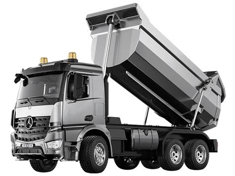 Thematic photo of a remote-controlled Mercedes-Benz Arocs dump truck in action on a miniature construction site