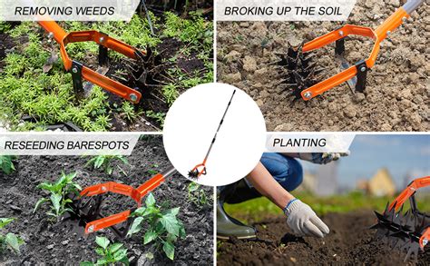 Infographic showing different applications of a rotary tiller in a garden