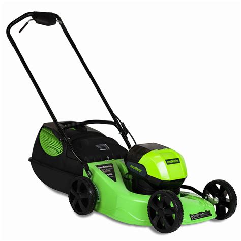 Thematic photo of various petrol lawnmowers in a garden setting