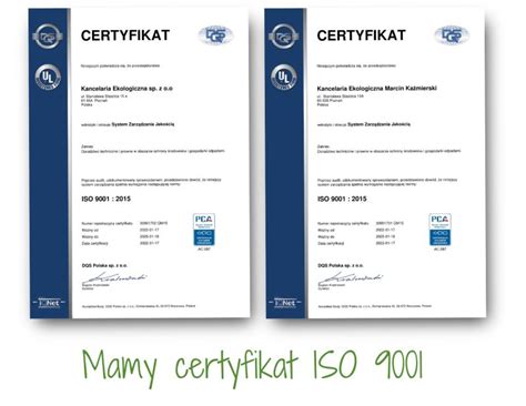 Grafika przedstawiająca logotypy certyfikatów jakości, np. ISO, IRCA, oraz diagram procesów szkoleniowych