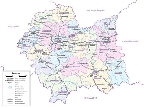 Mapa regionu małopolskiego z zaznaczonymi punktami skupiającymi handel maszynami rolniczymi w okolicach Miechowa