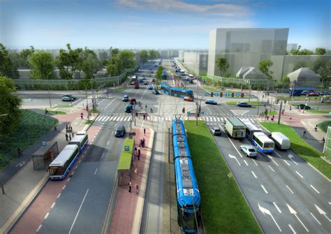 Wizualizacja nowoczesnego tramwaju niskopodłogowego w przestrzeni miejskiej Warszawy