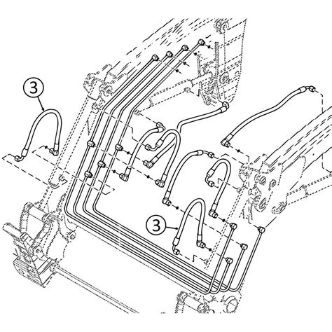 Diagram showing internal hydraulic lines and pivot points of a John Deere H-series loader