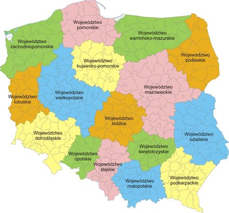 Mapa Polski z zaznaczonymi województwami, w których odbywają się szkolenia, z wyróżnieniem Podkarpacia