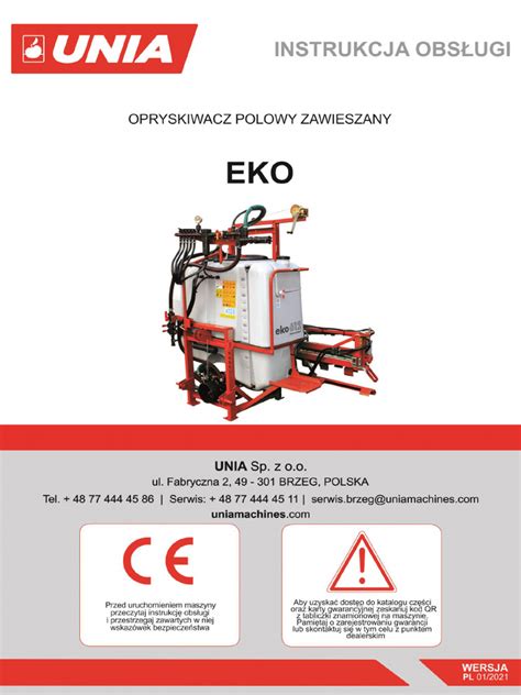Infografika porównująca kluczowe parametry techniczne i funkcje opryskiwaczy Unia REX, EUROPA i PLUS