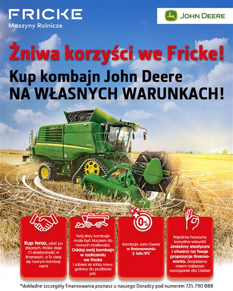 Infografika przedstawiająca warunki finansowania ciągników John Deere: 0% przez 4 lata, 3-letnia gwarancja