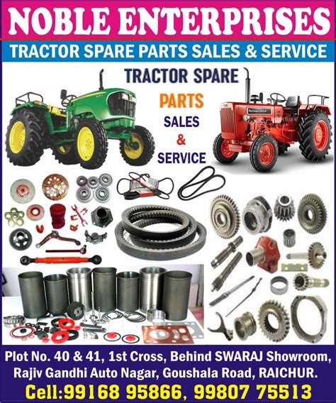 Infographic showing different types of spare parts for a tractor mower (belts, blades, filters)