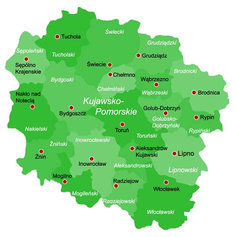 Mapa Kujawsko-Pomorskiego z zaznaczonymi miastami i punktami działalności firm oferujących maszyny budowlane.
