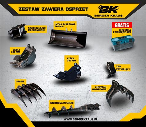 Infografika przedstawiająca różne rodzaje osprzętu do koparek JCB, w tym młoty i zrywaki