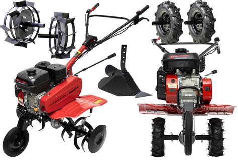 Kolaż zdjęć przedstawiający różne rodzaje osprzętu do ciągników jednoosiowych: bronę, koła metalowe, obsypnik.