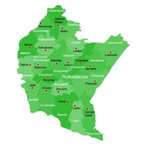mapa województwa podkarpackiego z zaznaczonymi miastami